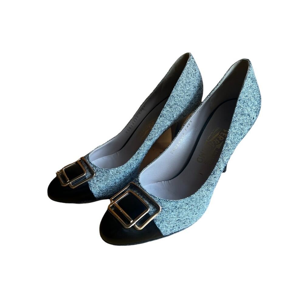 Salvatore Ferragamo Gray/Black Tweed Pumps, Gold Buckle Detail Size 9